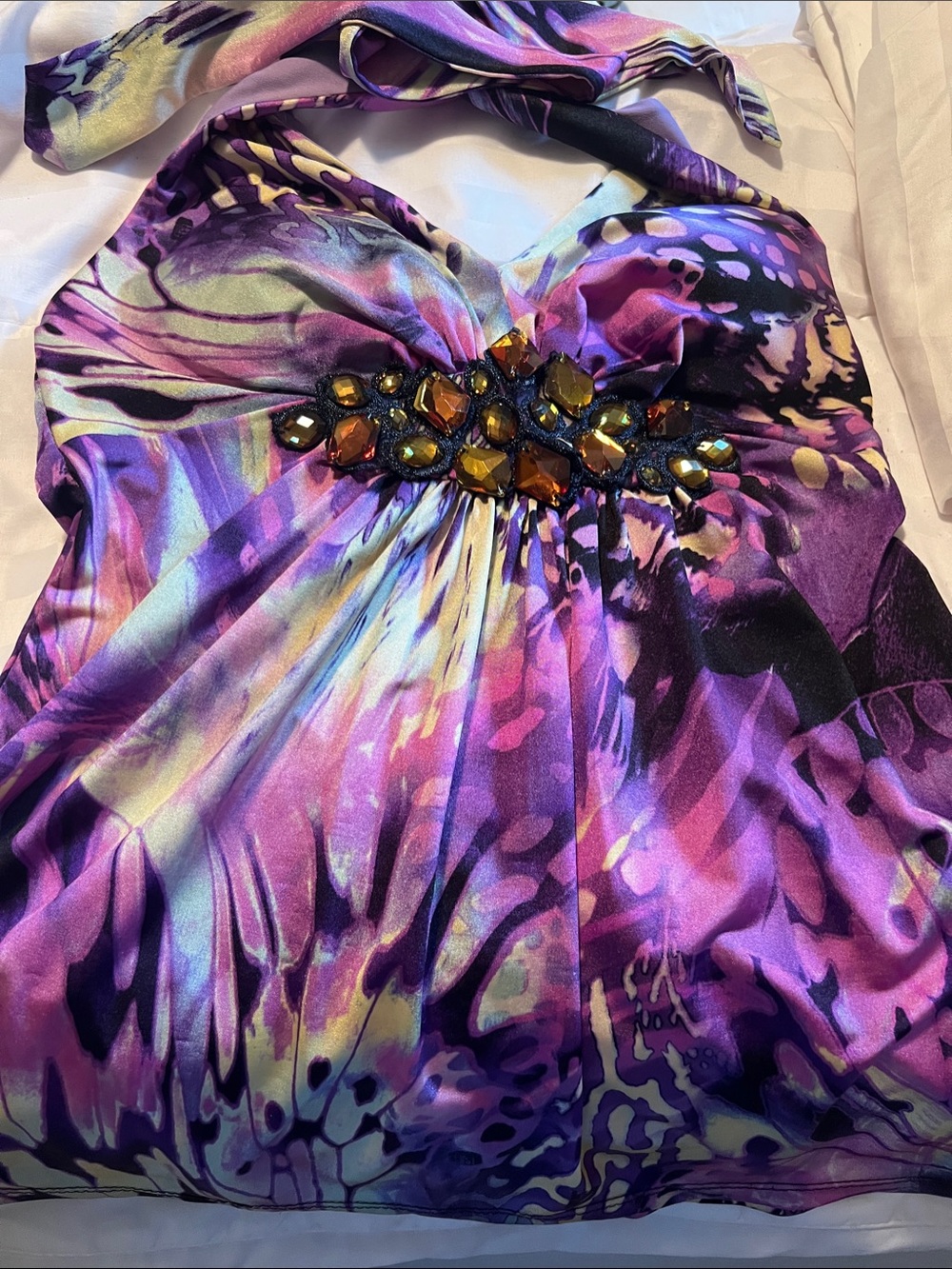 Cache Purple Halter Top Jeweled Bust Dress